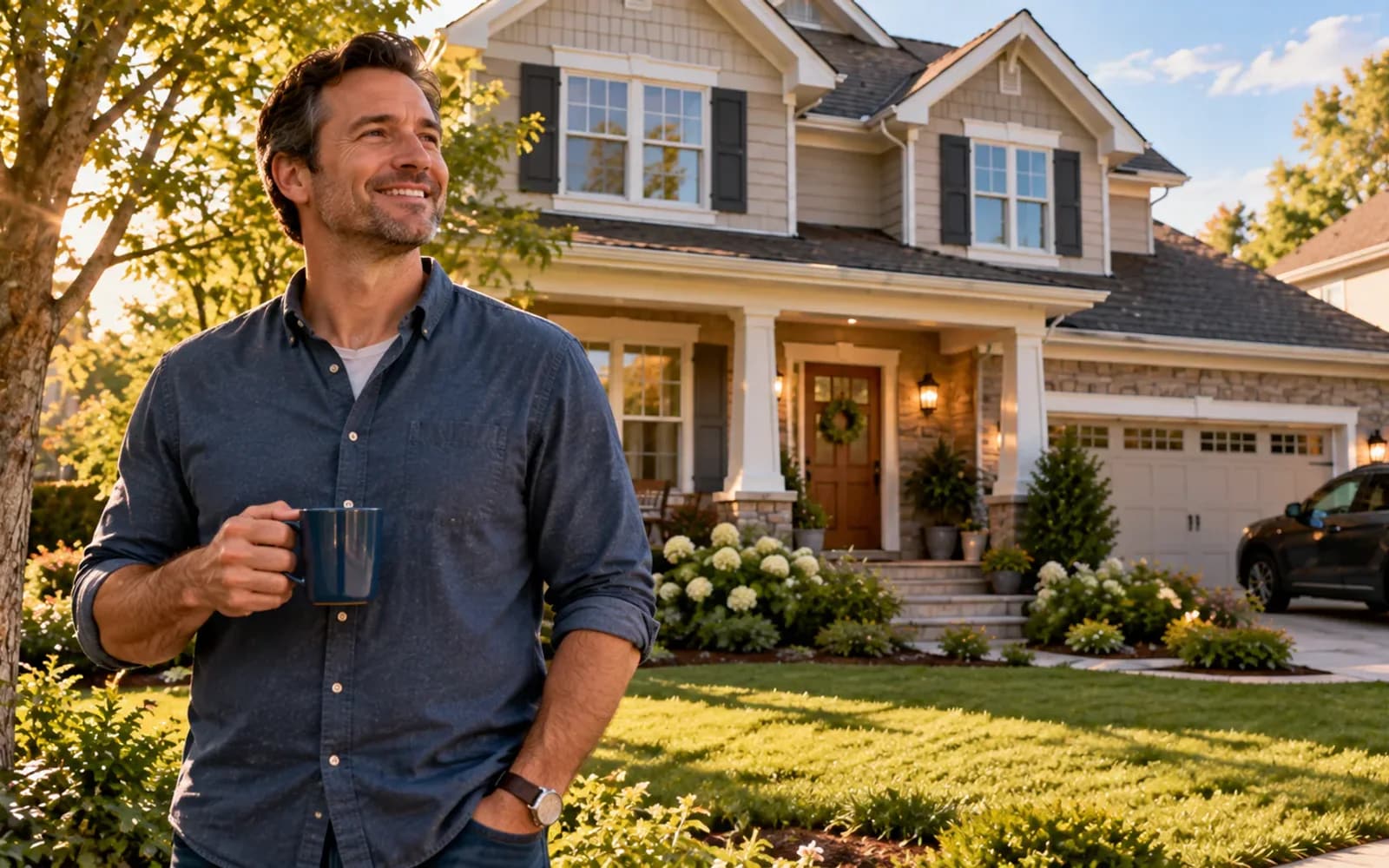 Mortgage-free homeowner standing outside a well-kept house