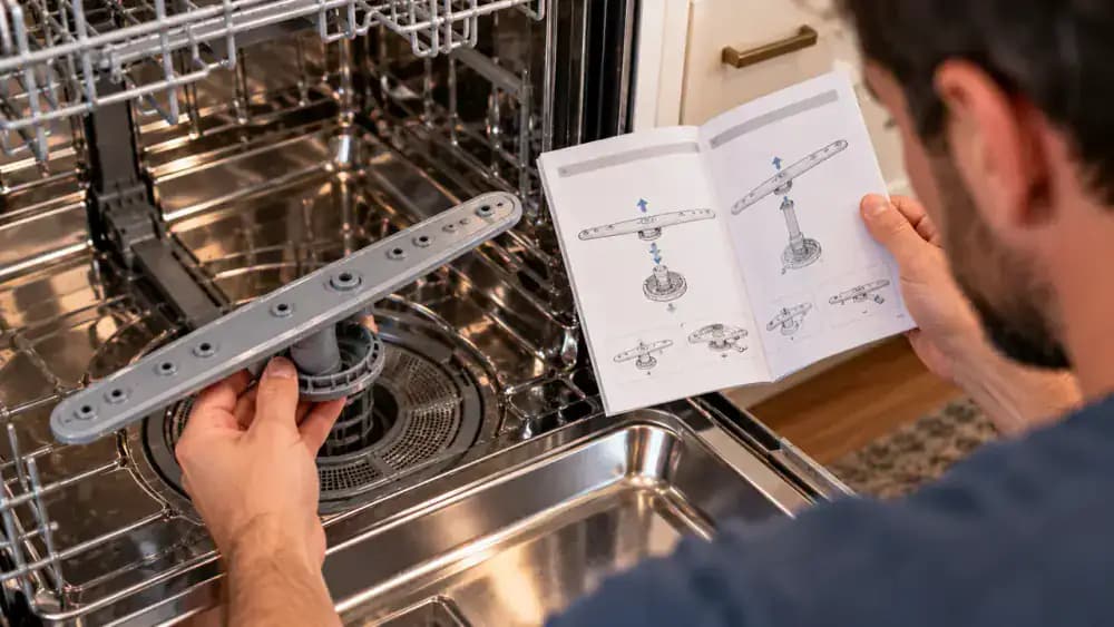 Over-the-shoulder view of a person kneeling beside an open dishwasher, comparing printed spray arm and filter maintenance diagrams with the actual installed components without removing or twisting them.