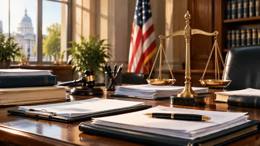 Professional government office setting with legal documents and a balanced justice scale.