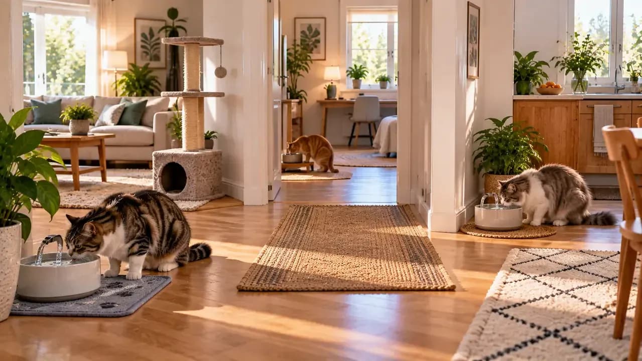 Several cats drinking from separate water stations located in different parts of the home