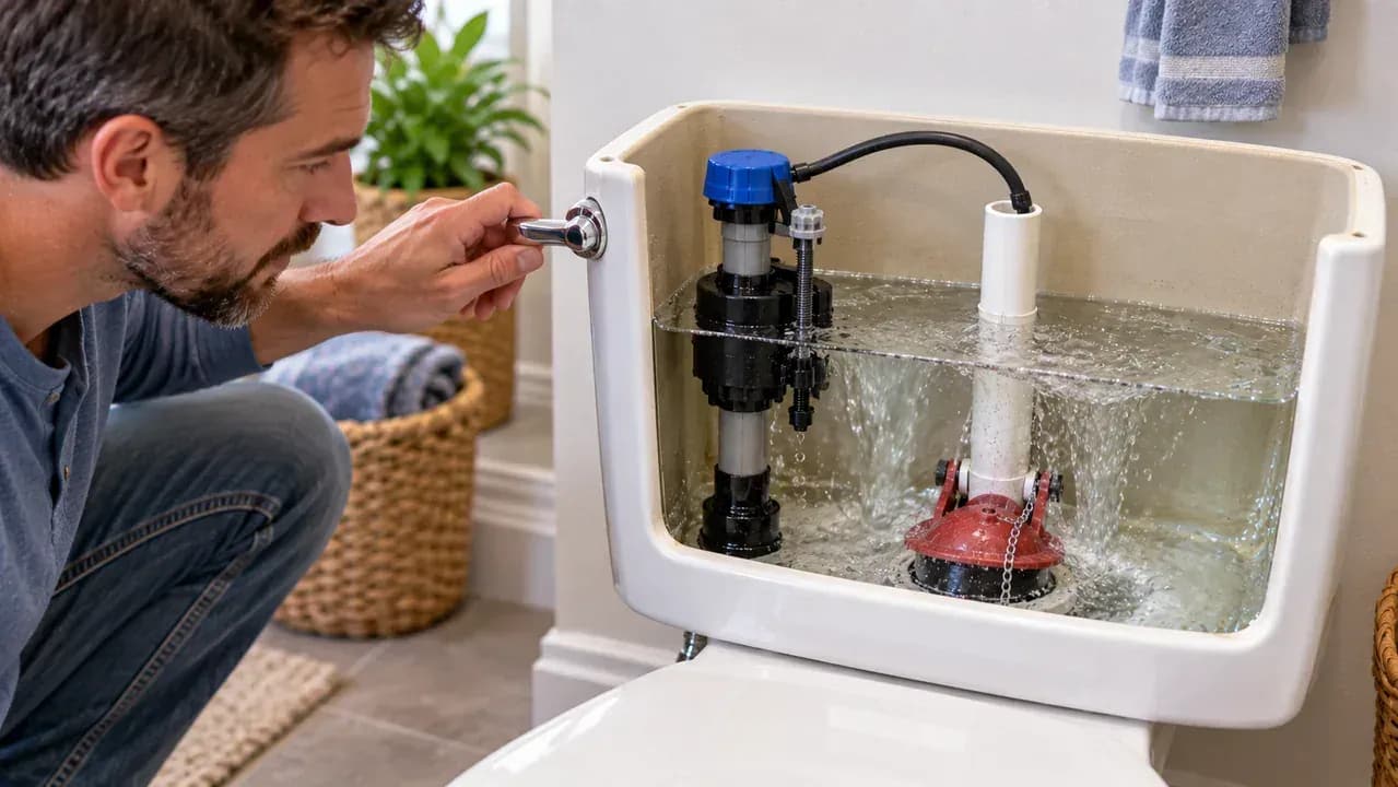 Open toilet tank being tested through repeated flush cycles, showing the flapper lifting and resealing, the water returning to the same level below the overflow tube, and the fill valve shutting off.