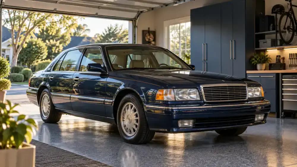 Spotlessly maintained older sedan parked inside an immaculate residential garage.