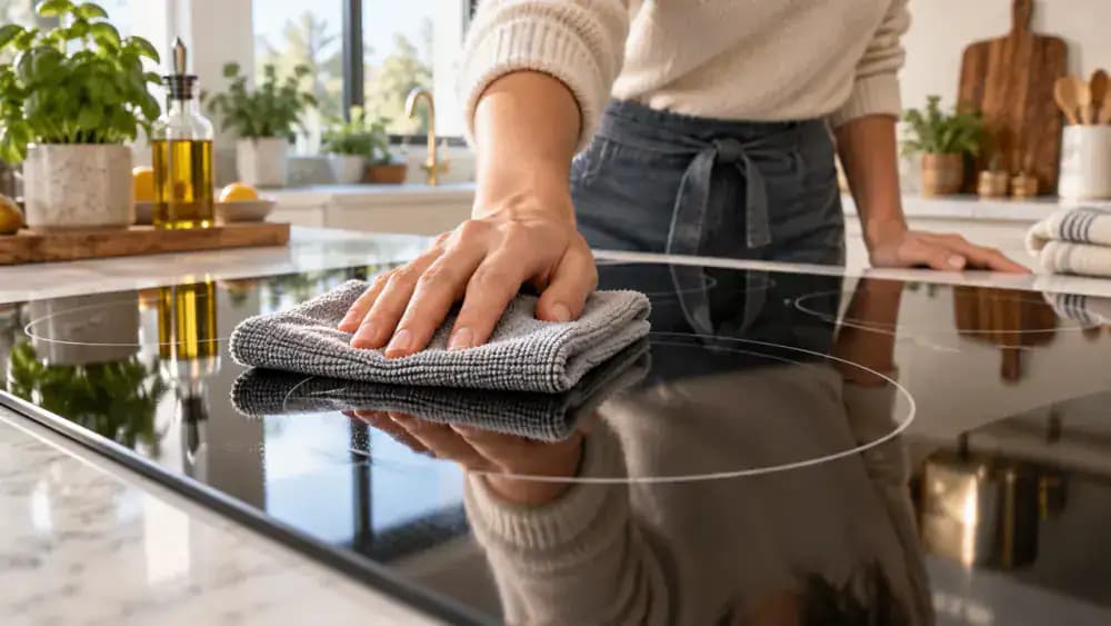 Close-up of a person's right hand gently buffing a cooled black glass-ceramic electric cooktop with a folded pale blue microfiber cloth, moving across circular burner outlines while a used damp cloth rests separately on the kitchen counter.