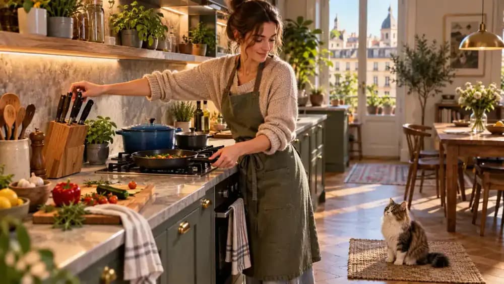 Owner moving knives and pan handles away from a kitchen counter edge while a cat sits on the floor
