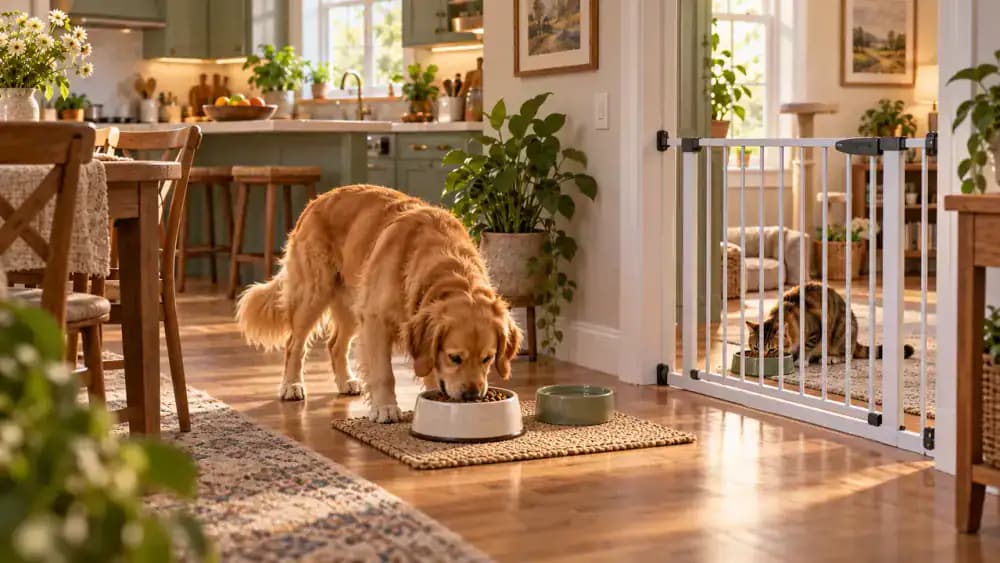 New dog eating in a quiet feeding area separated from another pet