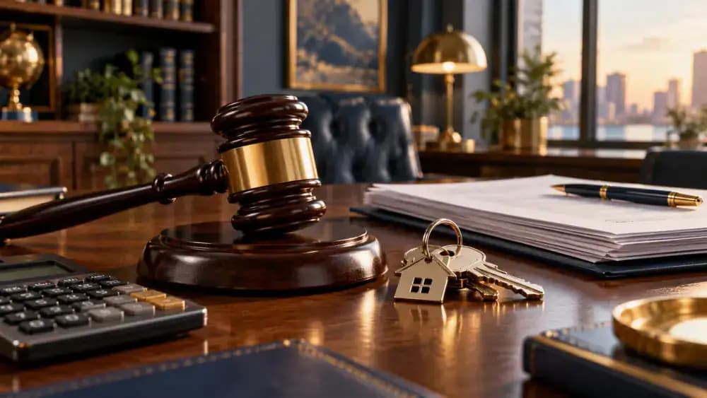 Wooden legal gavel beside rental property keys and official-looking documents representing federal consumer protection enforcement.