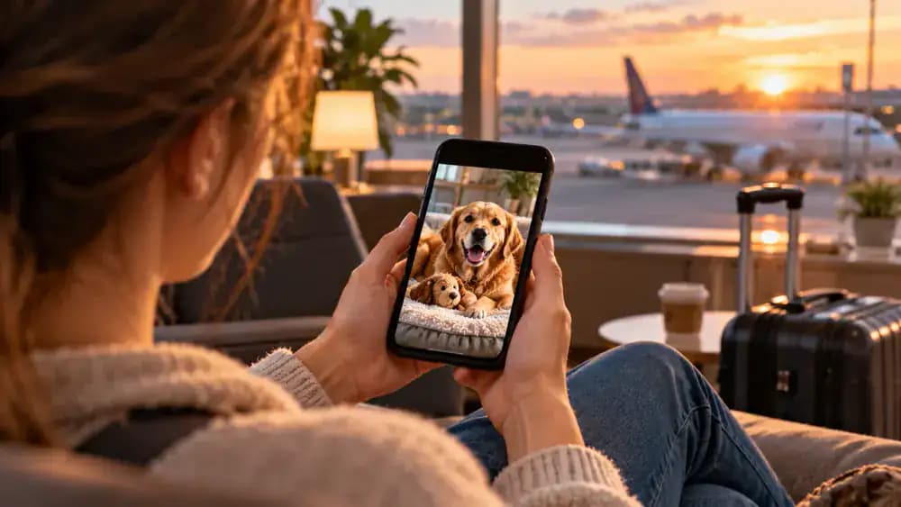 Traveler in an airport lounge viewing a pet boarding photo and daily activity report on a smartphone, boarding caregiver checking messages at reception, and traveler verifying international calling settings.