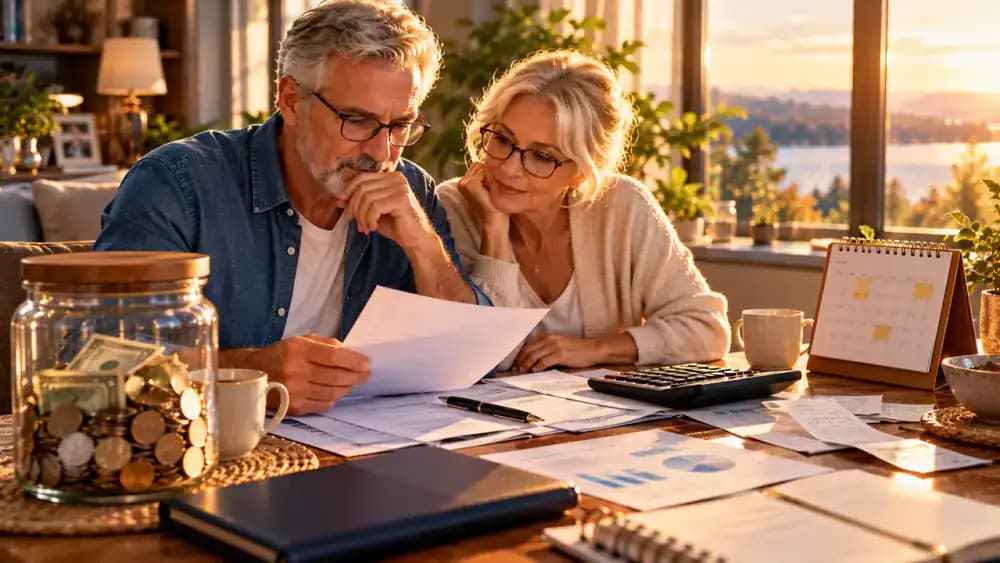 Retired couple reviewing household income and payment schedules beside a calendar.