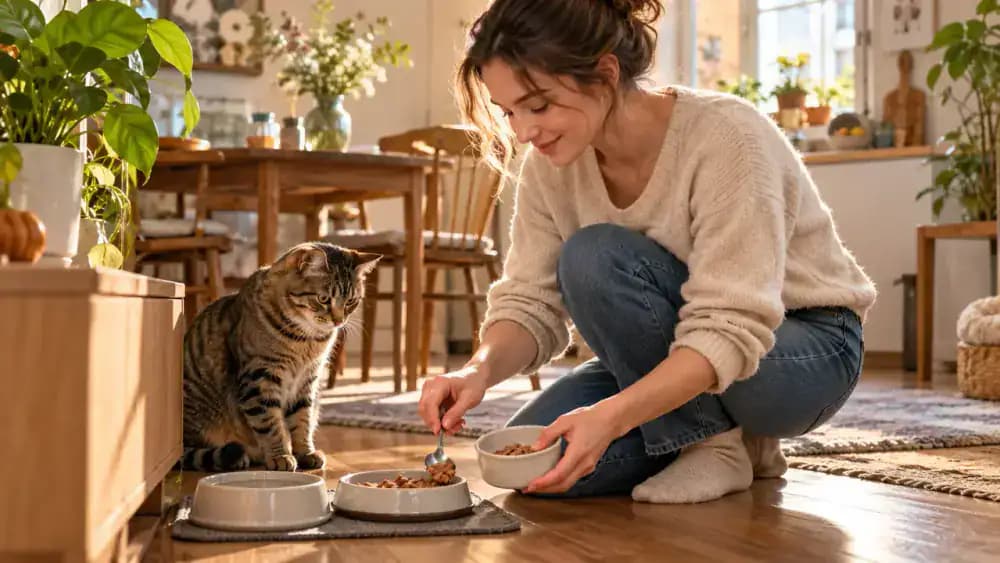 Tabby cat sitting near a partially eaten serving of wet food in a ceramic bowl as its owner removes the leftovers, with a clean bowl and portioning dish nearby in a sunlit dining nook.