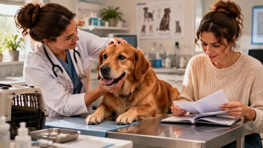 Veterinarian gently examines an adopted dog while the owner reviews vaccination documents, confirms microchip details, and organizes medical records and emergency contact information.