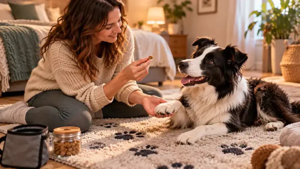Young border collie relaxing on a soft bedroom mat while its cross-legged owner offers a treat after gently touching the dog's front leg.