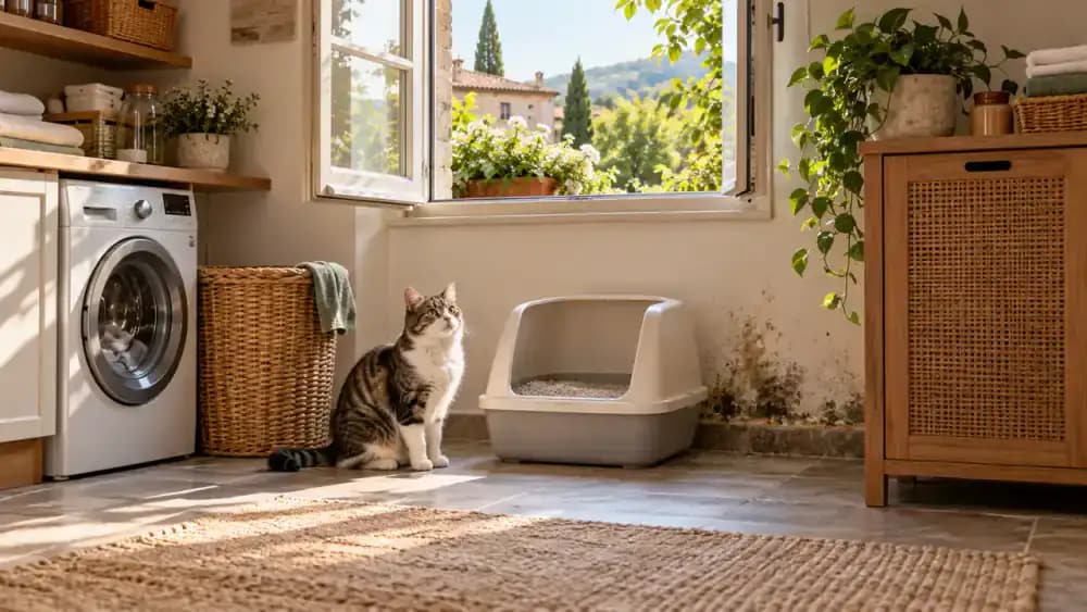 Cat owner inspecting a clean litter box in a laundry room, discovering a damp floor edge and hidden accident behind furniture, then opening a window while an unused fragrance diffuser remains unplugged.