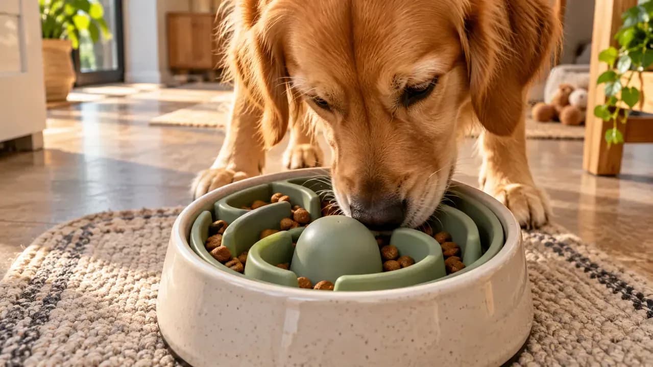 Australian Shepherd nudging a rolling food puzzle that releases pieces of kibble