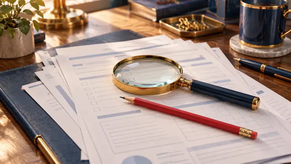 Magnifying glass and red pencil examining blank settlement paperwork for possible accounting mistakes.