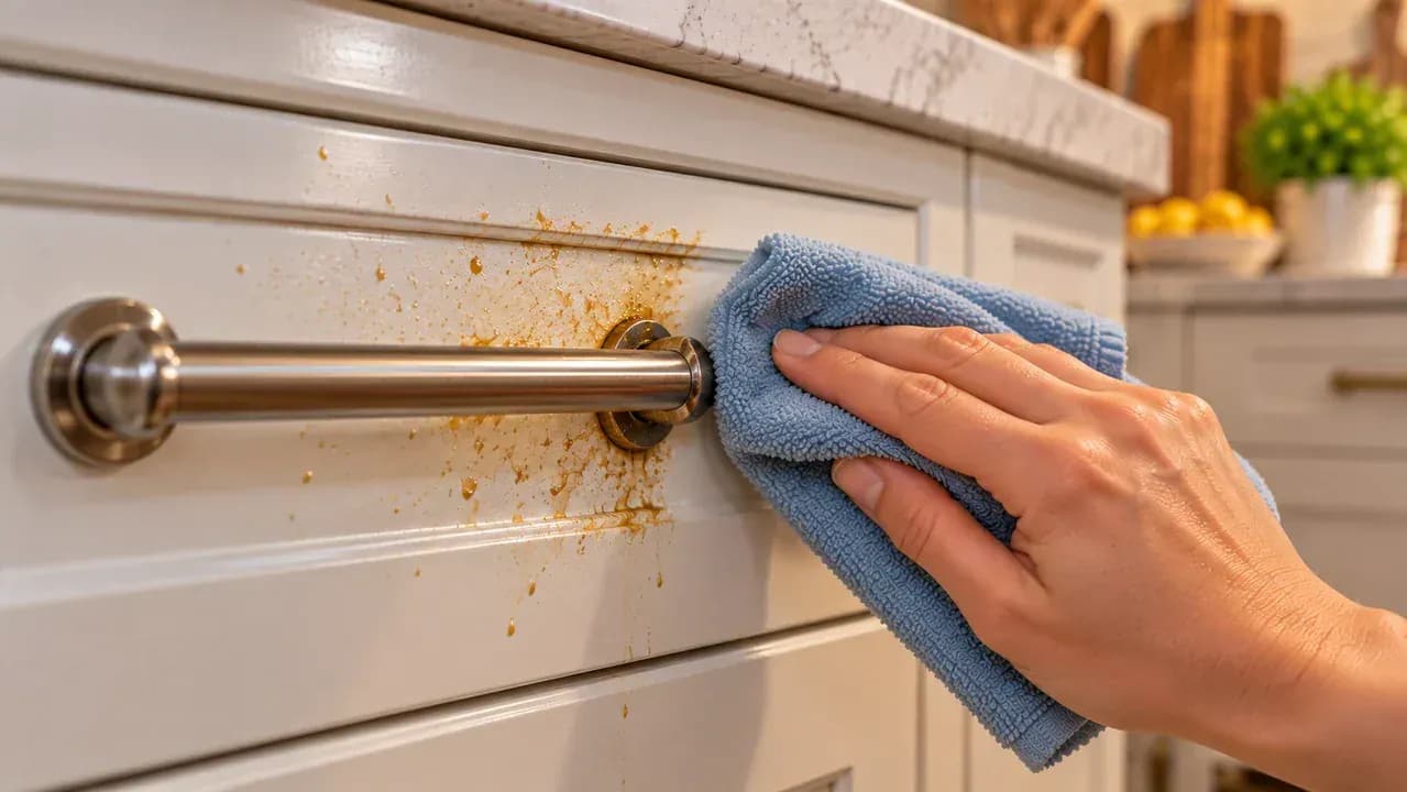 Close-up of a painted cabinet door as a hand wipes softened grease outward from the handle with a clean microfiber cloth, then refolds the cloth for a second light pass.