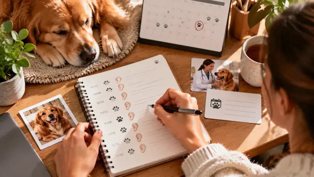 Owner recording dates and observations in a pet health journal beside a calendar and the dog's veterinary appointment card.