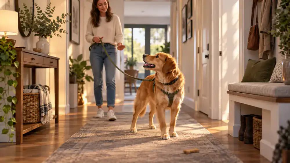 A dog stands beside its owner on a loose leash in a hallway, calmly ignoring a biscuit lying several feet away on the floor.
