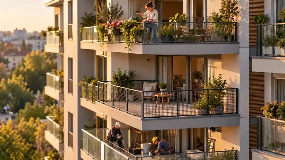 Modern apartment building with neighbors watering balcony plants and maintenance workers nearby, followed by a resident reviewing a building notice and keeping a cat safely indoors during a delivery.