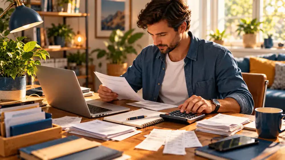 Freelancer organizing invoices and irregular payment records at a creative home workstation.