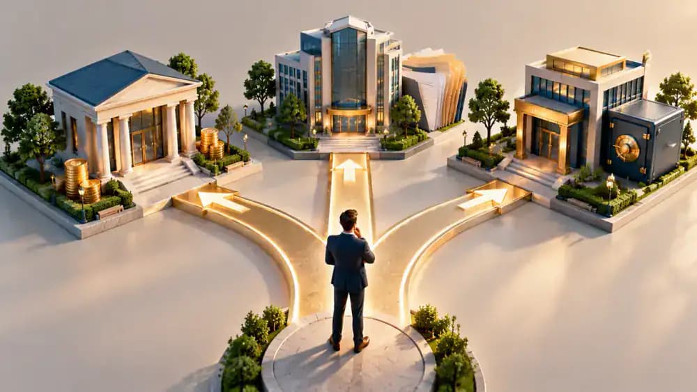 Three branching financial pathways connecting separate office buildings.