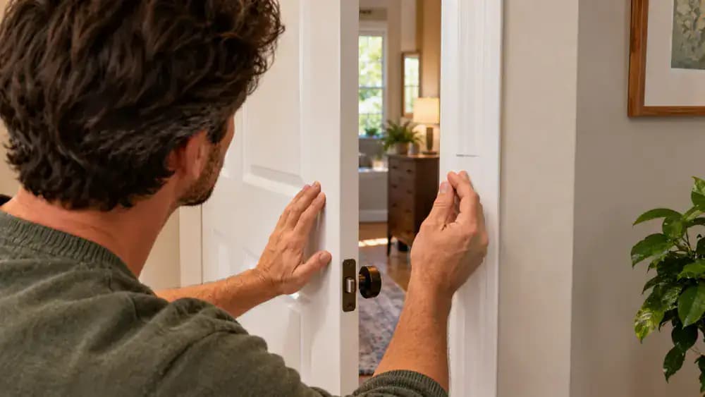 Close side view of a homeowner gently wiping raised paint buildup on the lower latch-side edge of an open white interior door with a damp microfiber cloth, near a pencil mark identifying the sticking point.