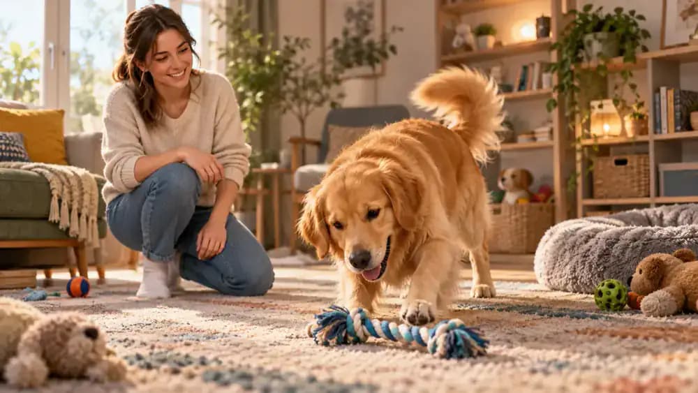 Golden retriever returning to a favorite indoor toy after receiving a treat and release cue