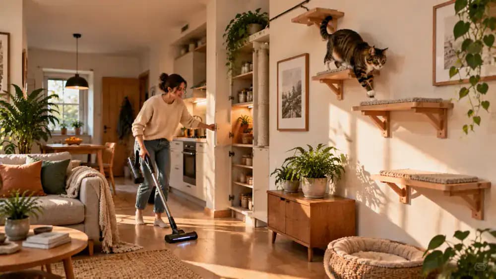 Three staggered cat climbing platforms mounted in a compact apartment while the cat climbs and a person walks past, opens a cupboard, and vacuums the clear floor.