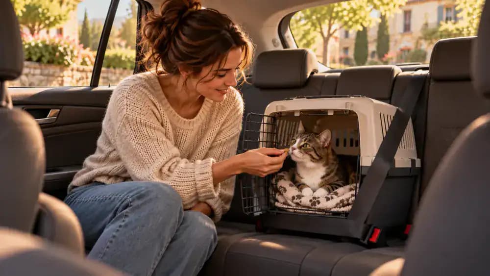 Secured cat carrier inside a stationary car with the engine running