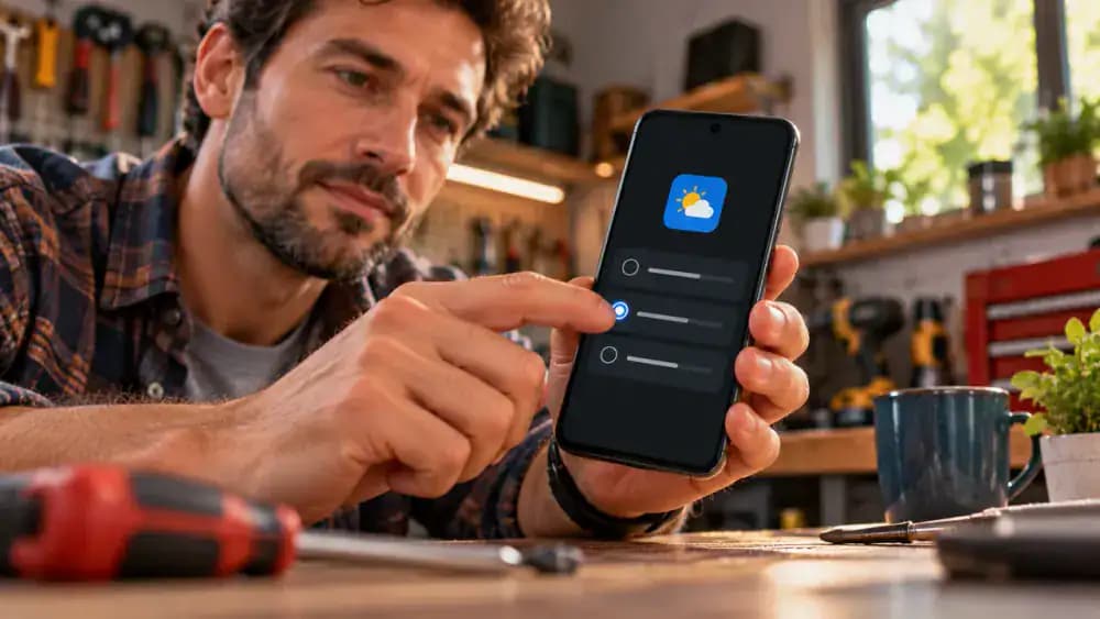 Android smartphone on a tilted stand in a home workshop showing the Weather app's battery settings with Restricted selected, followed by a messaging app whose background battery settings remain unchanged.