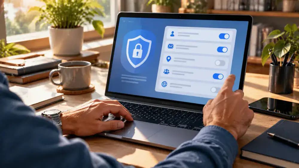 Hands reviewing a generic digital privacy settings screen on a laptop at a clean desk.