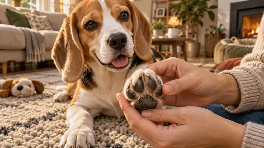 Beagle sitting calmly while its owner supports and examines a front paw