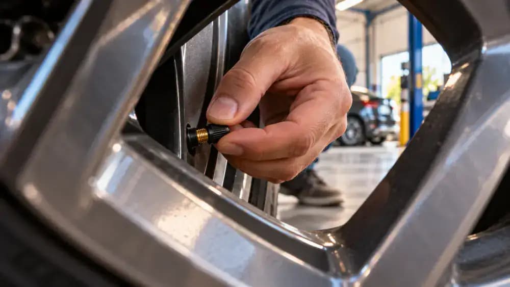 Close-up of a hand replacing a black plastic valve cap on a car tire, alongside an illustrative graphic explaining that warm tire pressure can read higher than cold pressure.