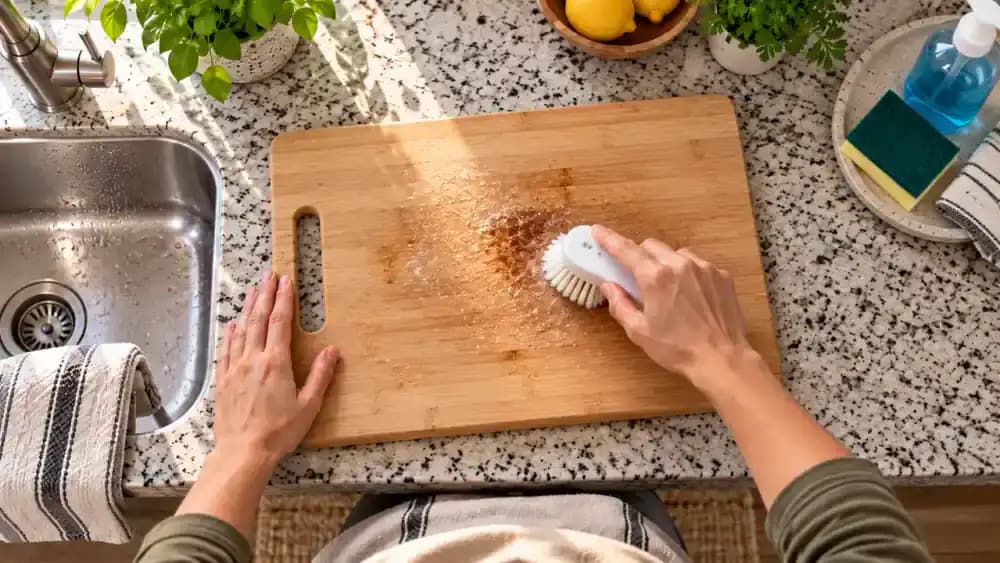 Overhead view of a stained bamboo cutting board being gently cleaned with a soft nylon brush, with a nonabrasive sponge and bamboo-safe cleaner nearby and steel wool marked as unsuitable.