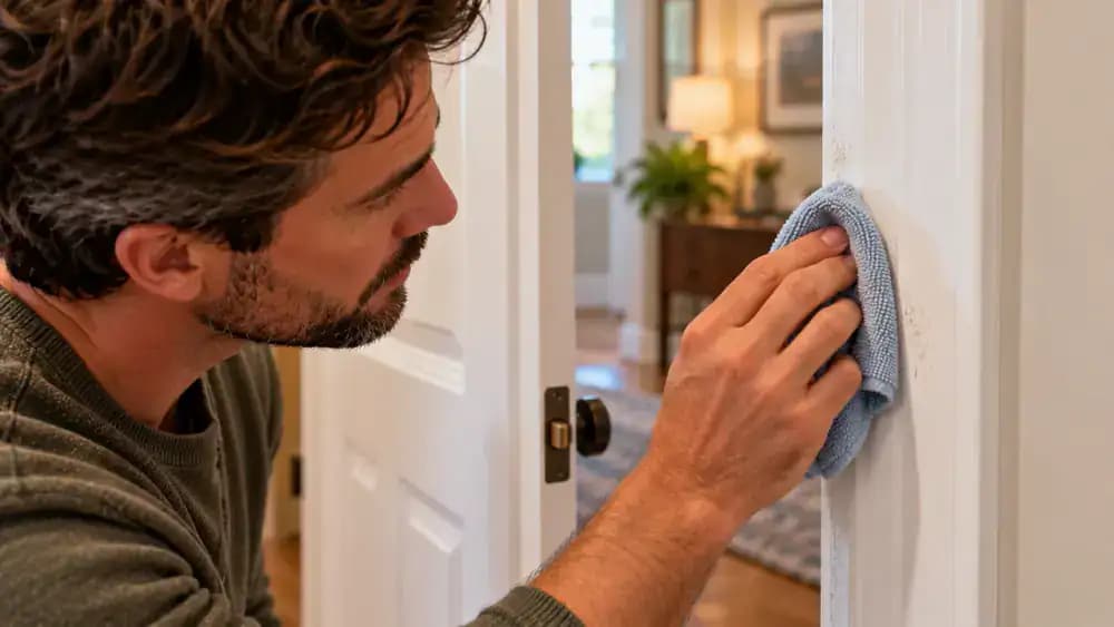Close-up of a homeowner applying dry PTFE lubricant with a precision applicator straw to the brushed nickel latch bolt of an open white interior door, while holding a microfiber cloth underneath to catch excess lubricant.