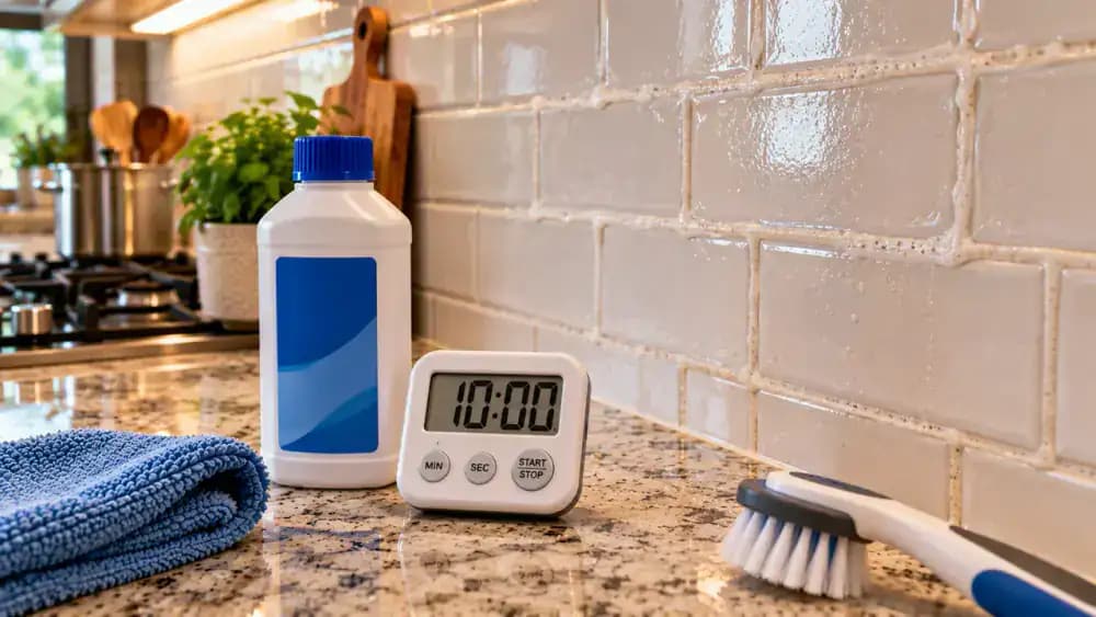 Blue-gloved homeowner setting a digital kitchen timer according to the contact time printed on a non-acidic grout cleaner bottle, with treated grout lines visible on a cream ceramic tile backsplash beside a cool stovetop.
