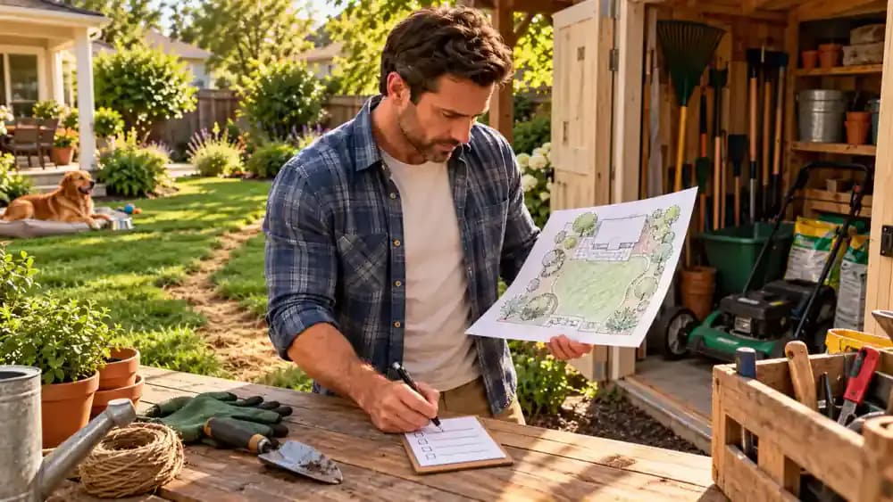 Homeowner writing a dated lawn care task card beside a hand-drawn yard map on a planning board near a garden shed.