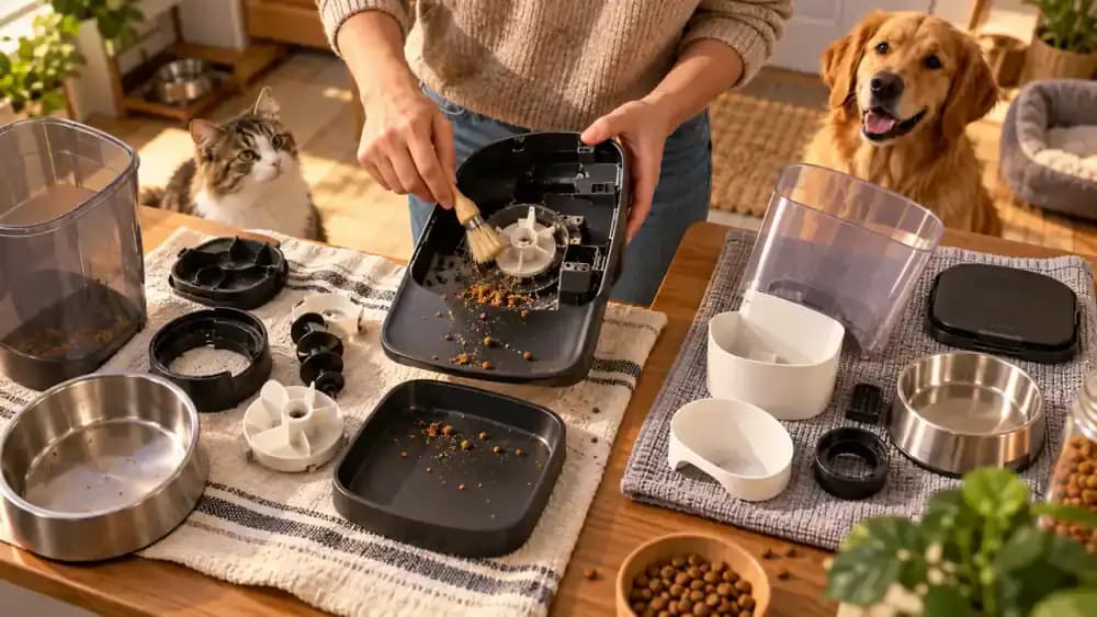 Disassembled automatic pet feeder on a clean towel, showing its hopper, dispensing wheel, and feeding tray while the owner brushes old kibble crumbs from the mechanism and a tabby cat watches nearby.