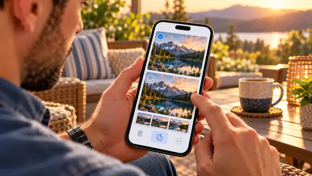 Adult reviewing two matching mountain lake photographs in the iPhone Photos Duplicates collection at an outdoor wooden patio table, with the Merge control visible but untouched.