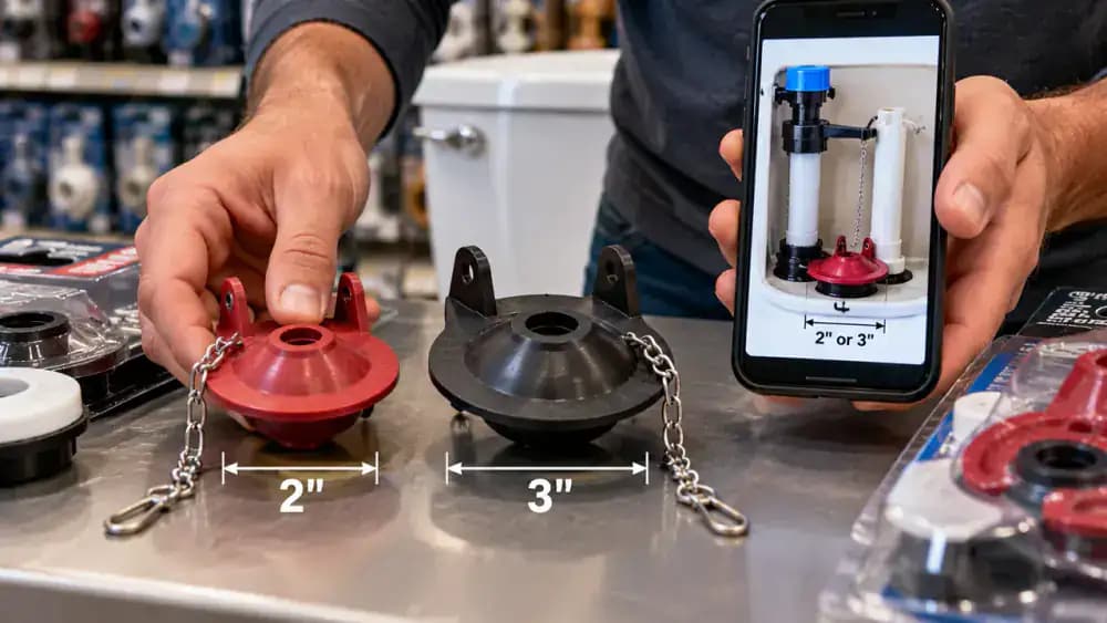 Homeowner comparing 2-inch and 3-inch rubber toilet replacement flappers on a hardware store countertop, checking mounting ears, chain attachments, and a toilet manufacturer parts diagram displayed on a smartphone.