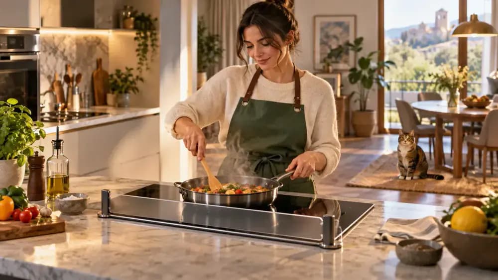 Cooktop cooling behind a protective guard with a warm pan centered safely away from a curious cat