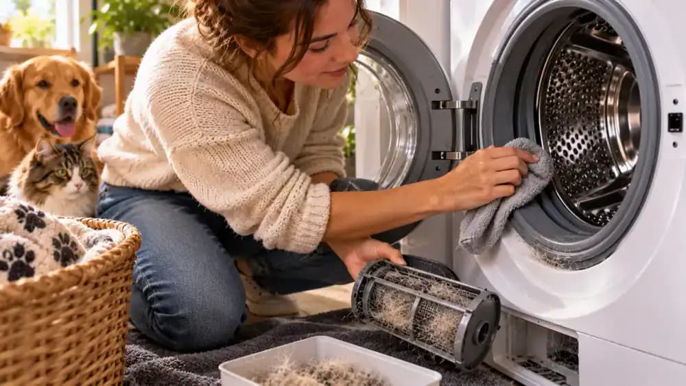 Owner wiping pet hair from a front-loading washing machine gasket
