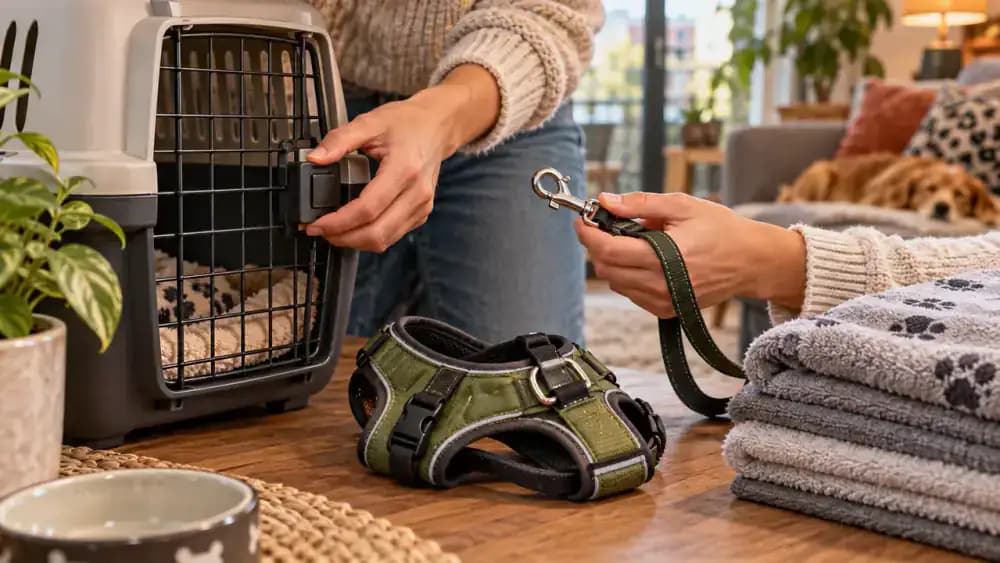 Pet owner inspecting a cat carrier latch, leash clip, and dog harness beside folded towels