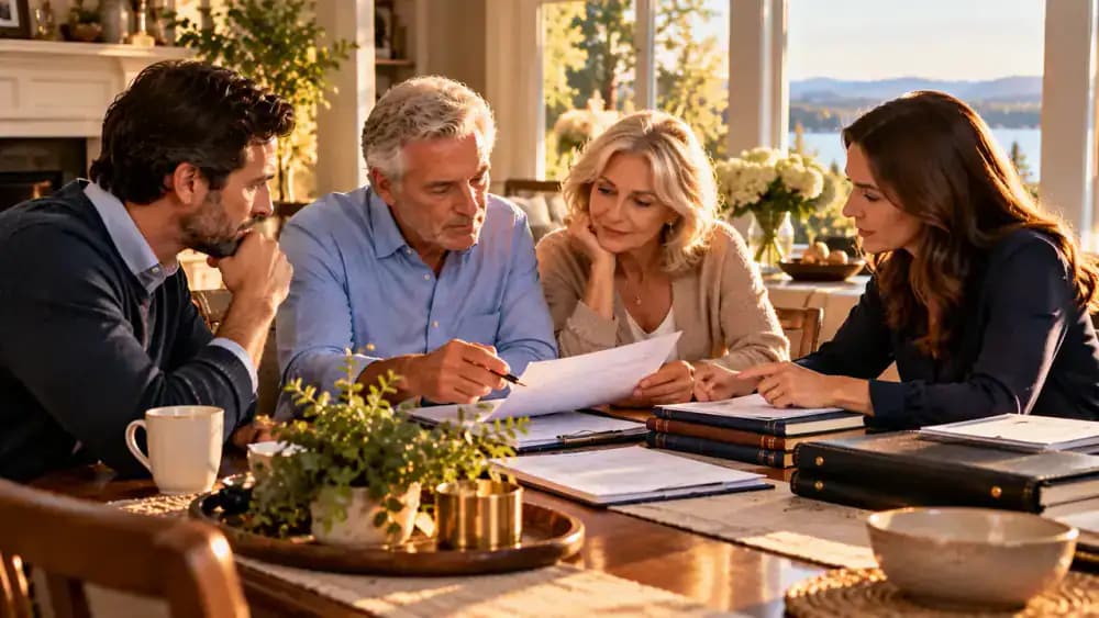Family members reviewing inheritance and beneficiary documents around a dining table.