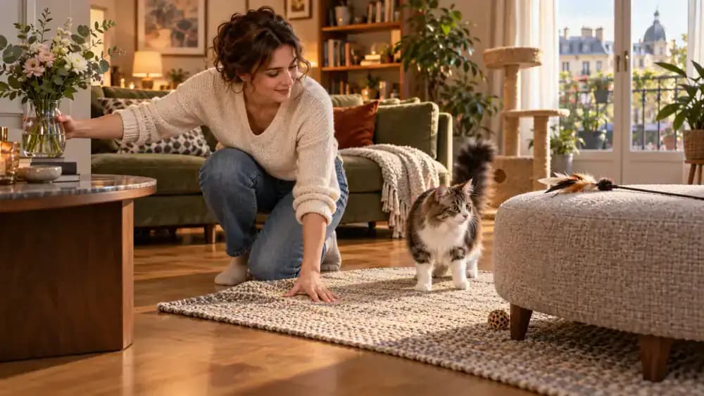 Owner preparing a nonslip safe play area for a cat