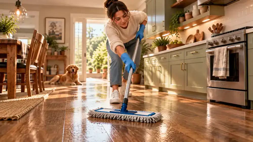 Low-angle view of a person using a lightly damp microfiber mop to rinse recently degreased vinyl plank flooring in a residential kitchen, with a clean water bucket and wet-floor warning sign nearby.