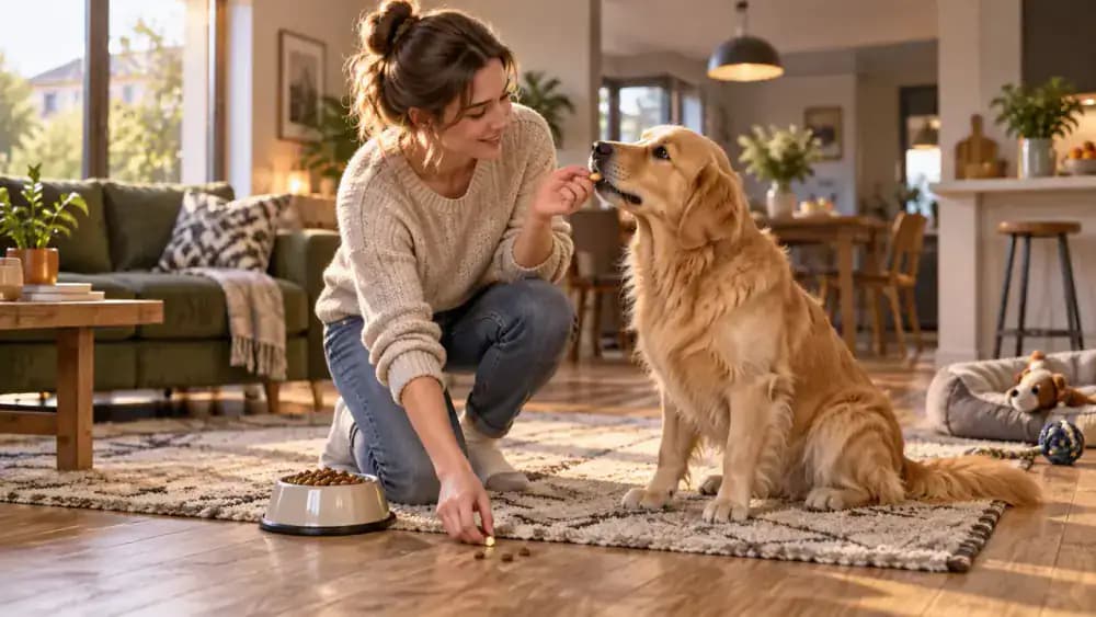 An owner gives a golden retriever a reward from one hand while using the other hand to collect untouched kibble from the floor.