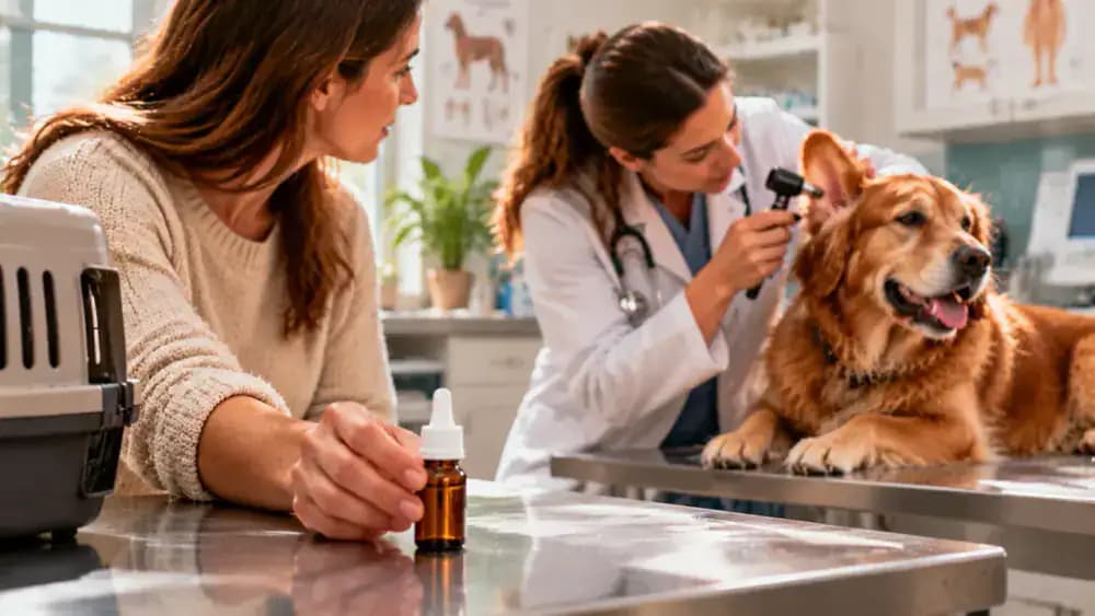 Owner setting aside an old prescription ear medication bottle without opening it, followed by a veterinarian examining a dog's ear in a clinical setting.