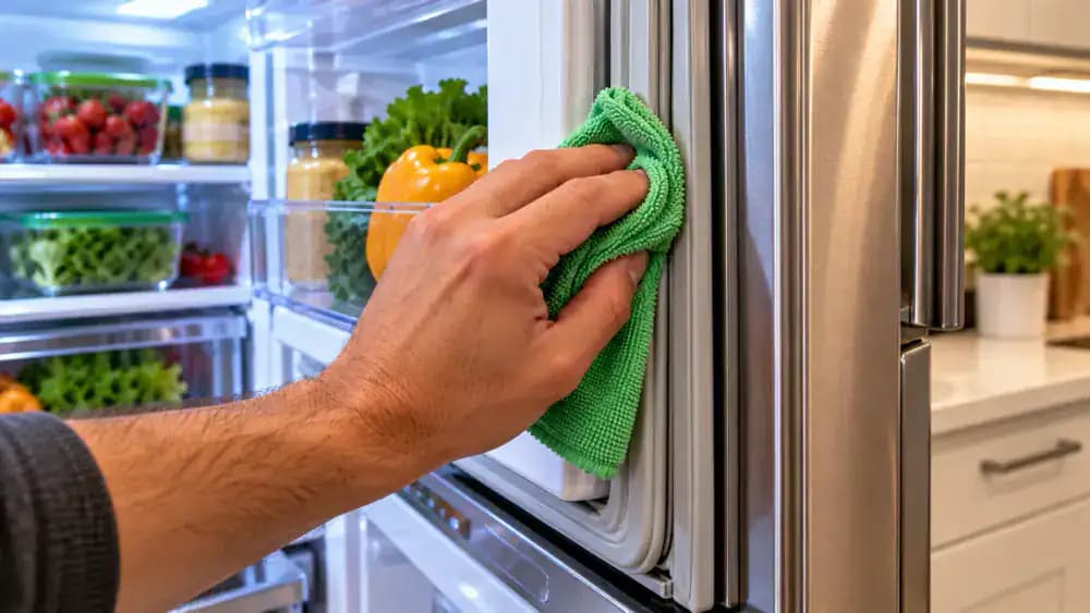 Person wearing a navy blue shirt gently wiping a vertical section of gray refrigerator door gasket with a lightly dampened microfiber cloth, then folding the cloth to expose a clean surface.
