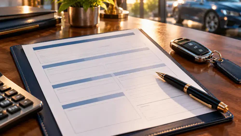 Blank auto financing offer arranged beside a pen and car keys on a professional desk.