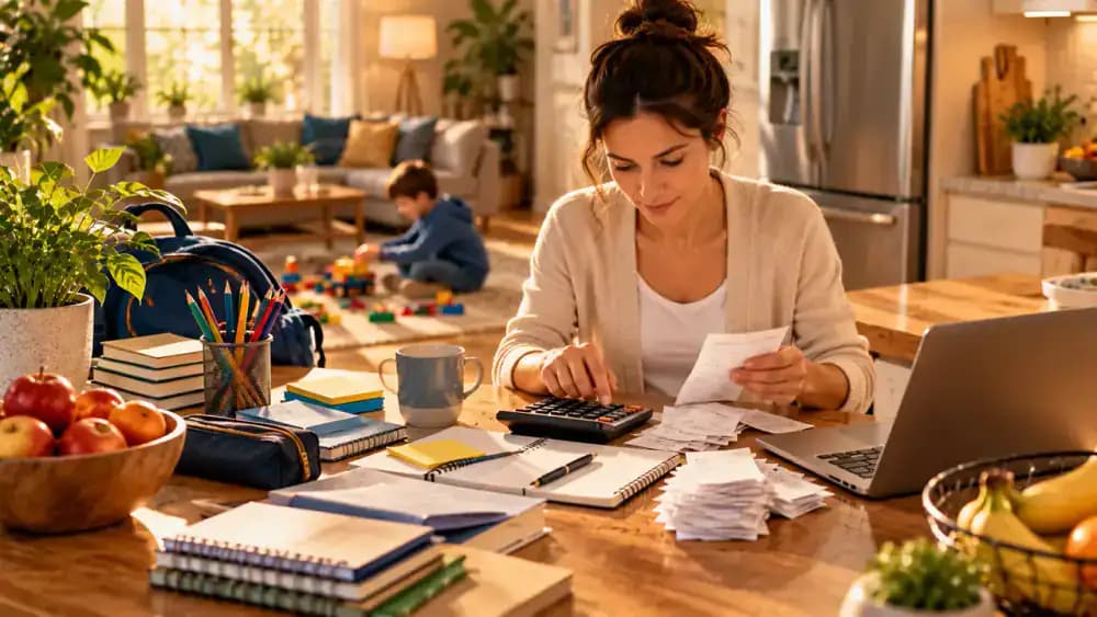 Parent organizing school supplies and reviewing household expenses while a child plays nearby.